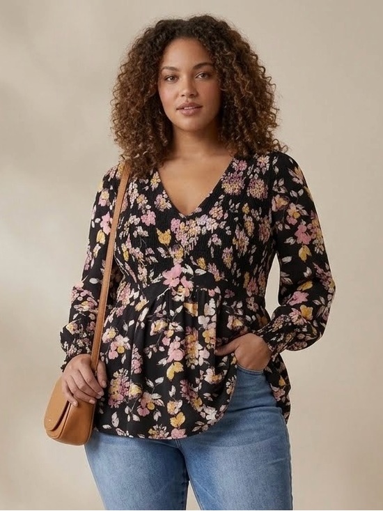 torrid Tops - Torrid Black Floral Smocked Tunic Blouse Size 0X